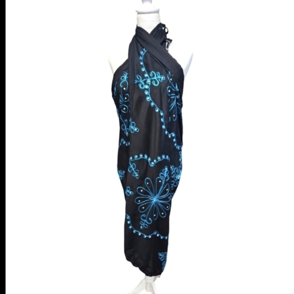 Black Sarong With Turquoise Embroidery Embellished With Sequin One Size - Picture 4 of 4